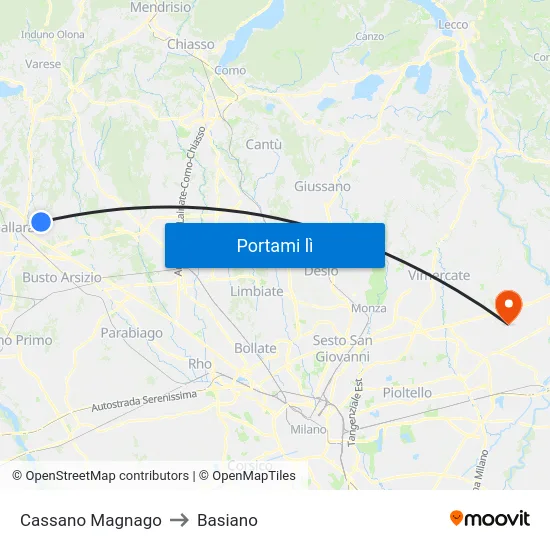 Cassano Magnago to Basiano map