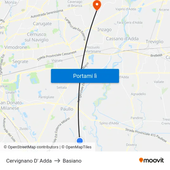 Cervignano D' Adda to Basiano map
