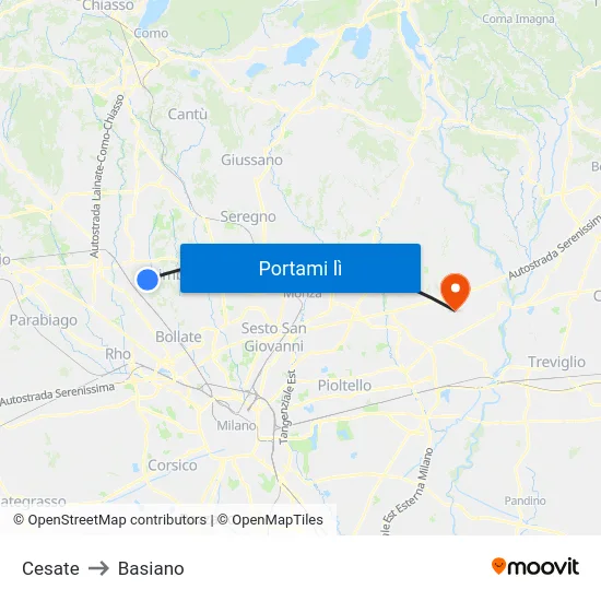 Cesate to Basiano map