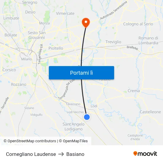 Cornegliano Laudense to Basiano map