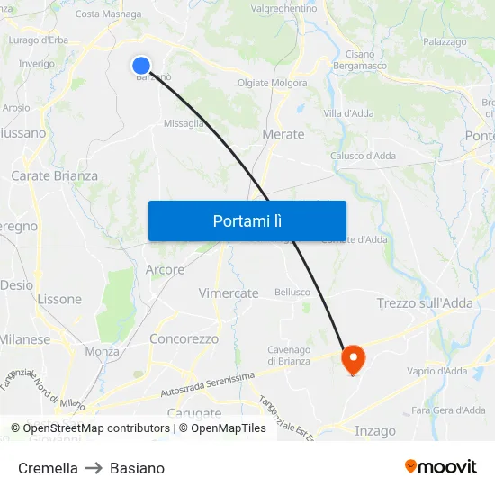 Cremella to Basiano map