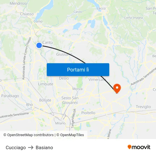 Cucciago to Basiano map
