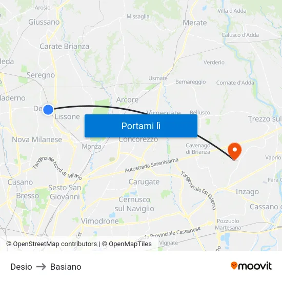 Desio to Basiano map