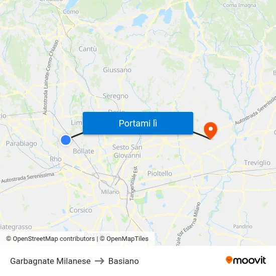 Garbagnate Milanese to Basiano map