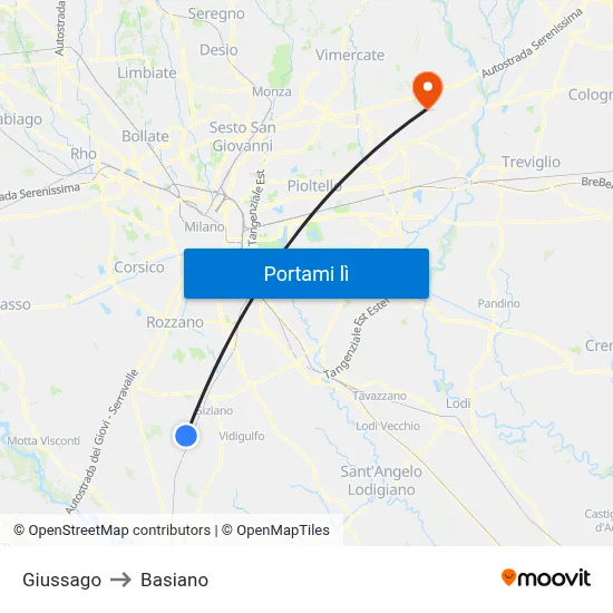 Giussago to Basiano map