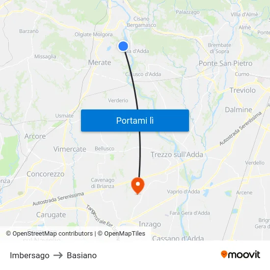 Imbersago to Basiano map