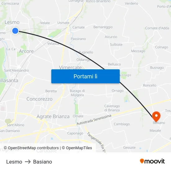 Lesmo to Basiano map