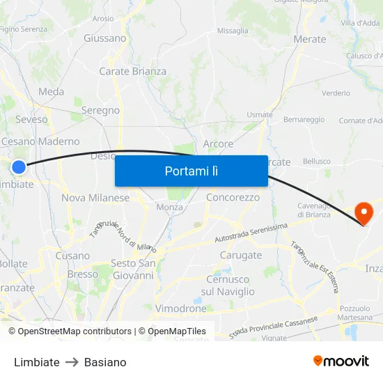 Limbiate to Basiano map