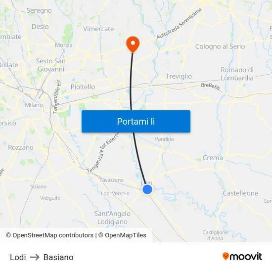 Lodi to Basiano map