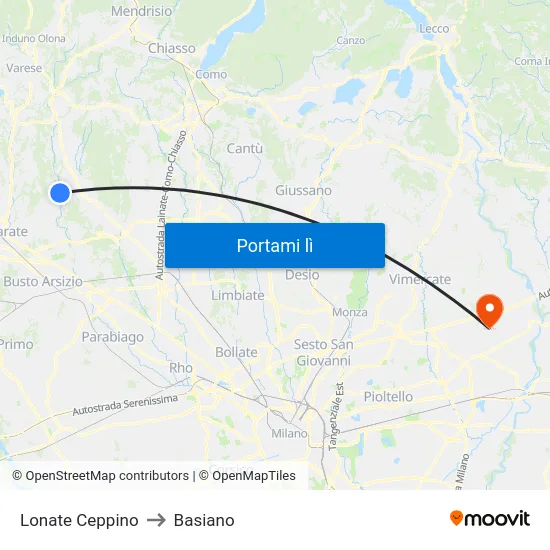Lonate Ceppino to Basiano map