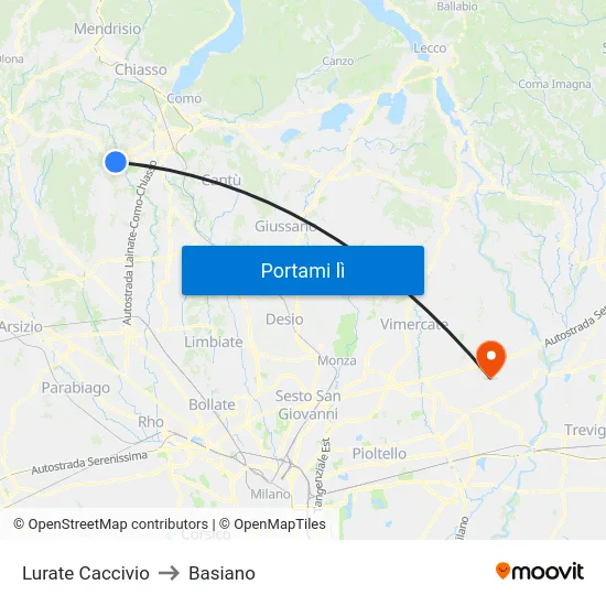 Lurate Caccivio to Basiano map