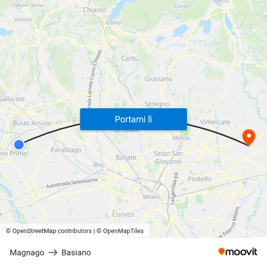 Magnago to Basiano map