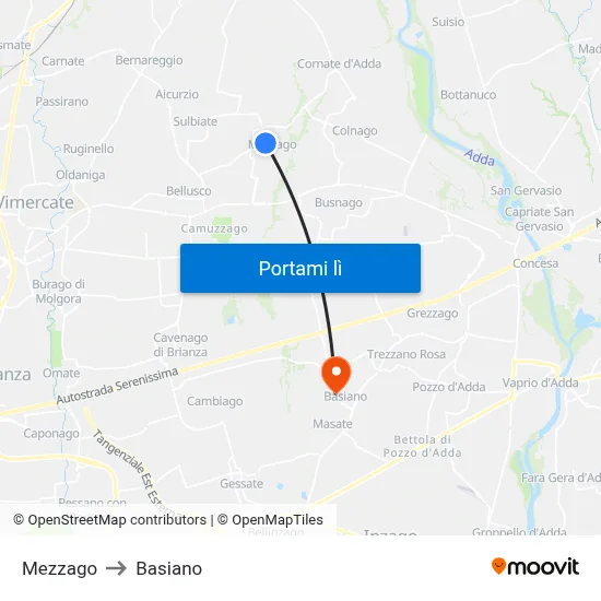 Mezzago to Basiano map