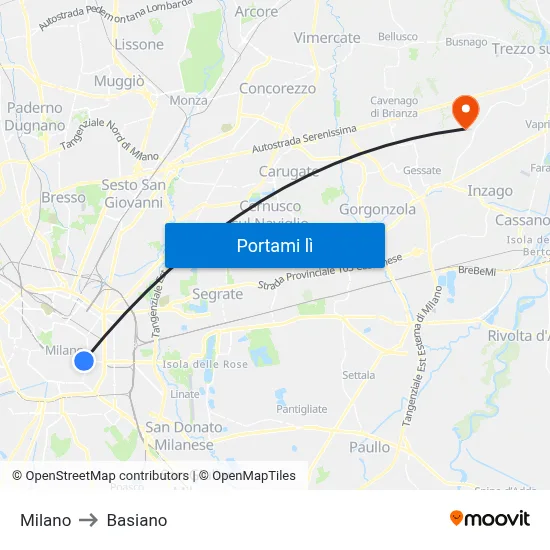 Milano to Basiano map
