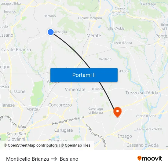 Monticello Brianza to Basiano map