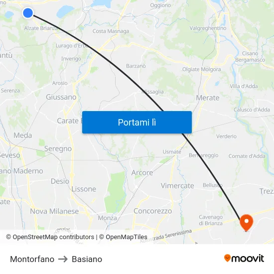 Montorfano to Basiano map