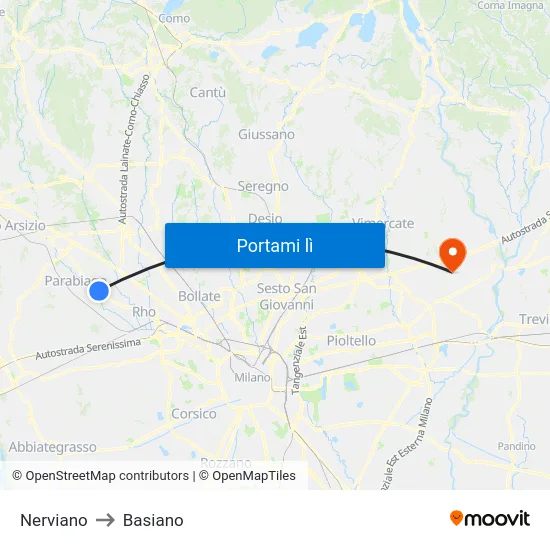 Nerviano to Basiano map