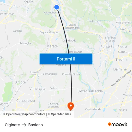 Olginate to Basiano map