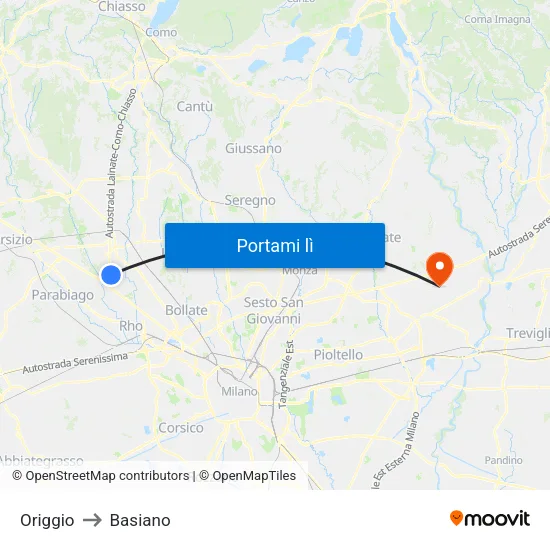 Origgio to Basiano map