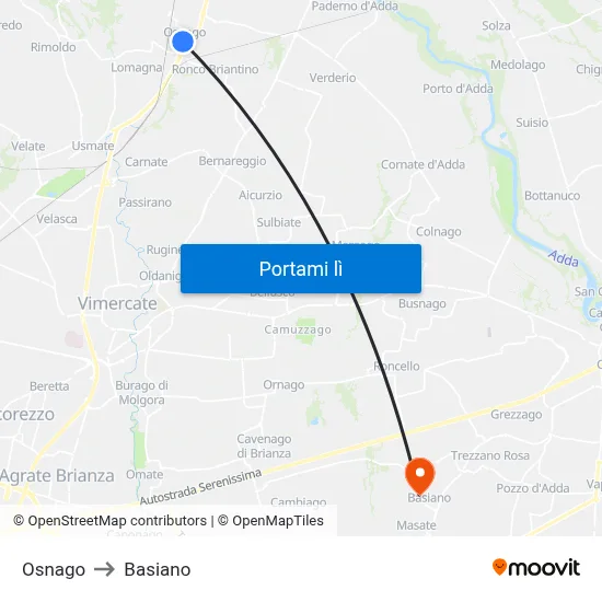Osnago to Basiano map