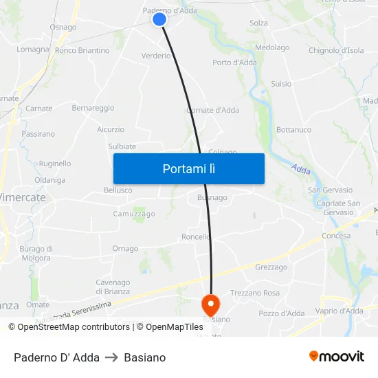 Paderno D' Adda to Basiano map