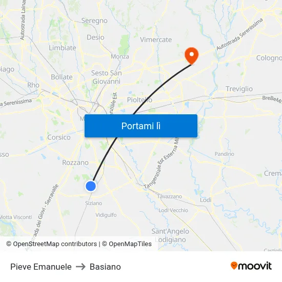 Pieve Emanuele to Basiano map