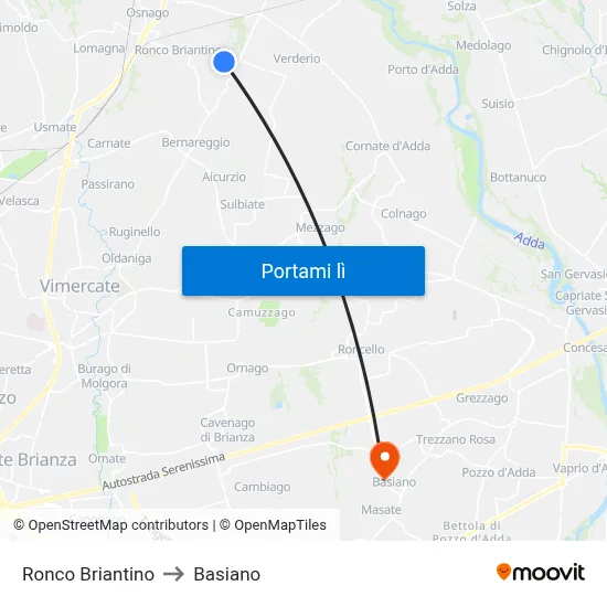 Ronco Briantino to Basiano map