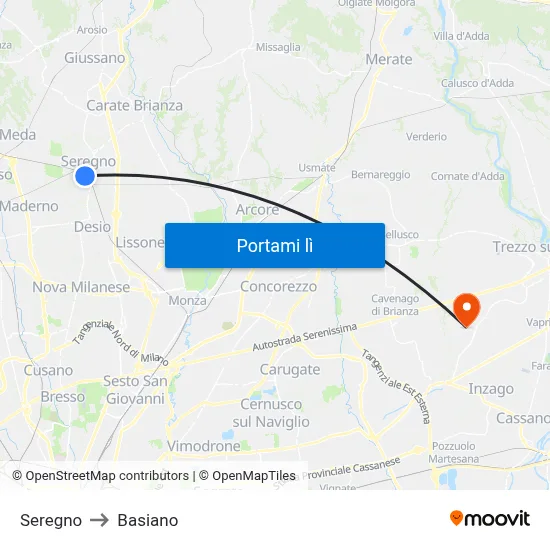 Seregno to Basiano map