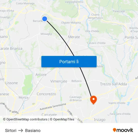 Sirtori to Basiano map