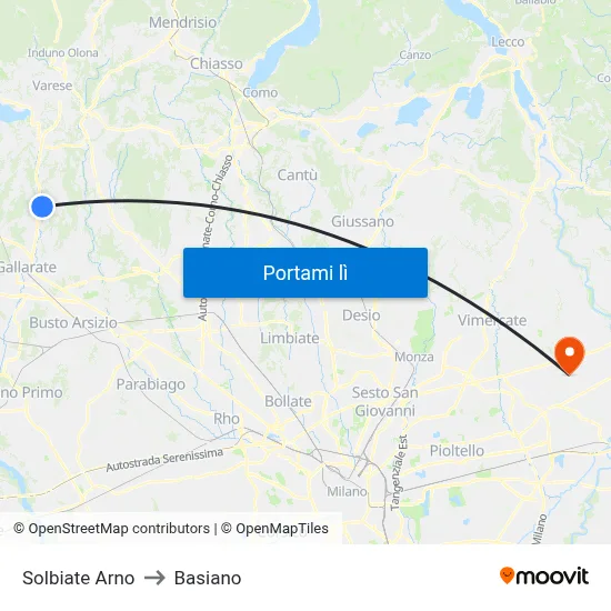 Solbiate Arno to Basiano map