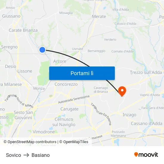 Sovico to Basiano map