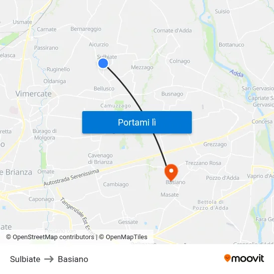 Sulbiate to Basiano map