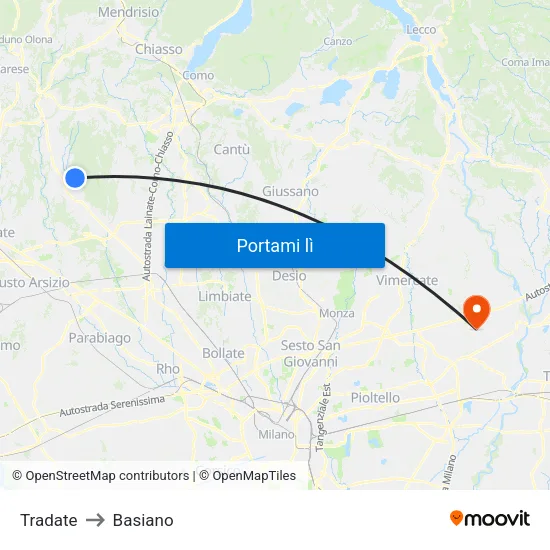 Tradate to Basiano map