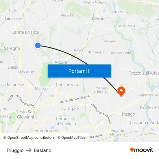 Triuggio to Basiano map