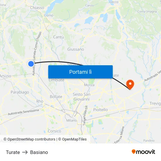 Turate to Basiano map