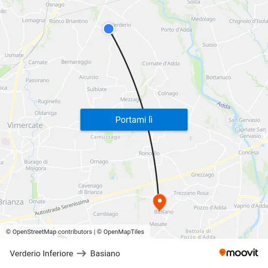 Verderio Inferiore to Basiano map