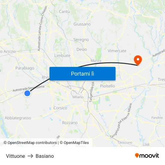 Vittuone to Basiano map
