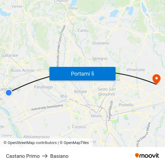 Castano Primo to Basiano map