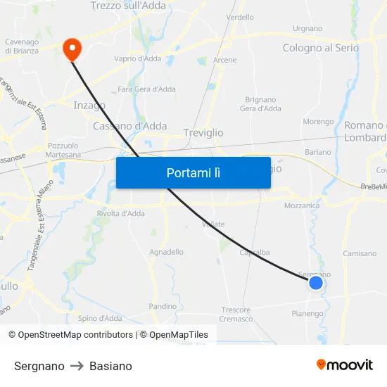 Sergnano to Basiano map