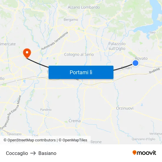 Coccaglio to Basiano map