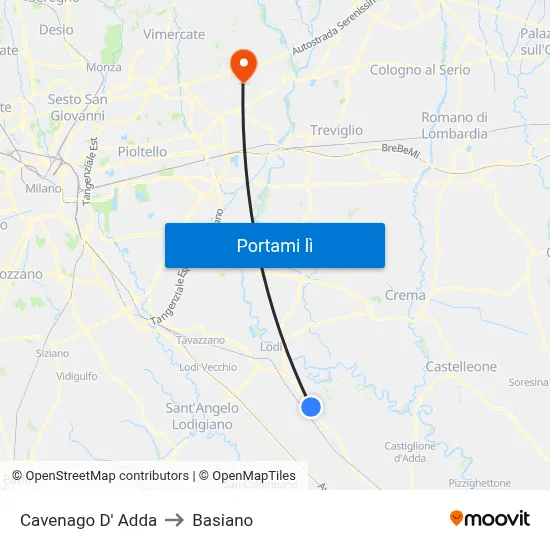 Cavenago D' Adda to Basiano map