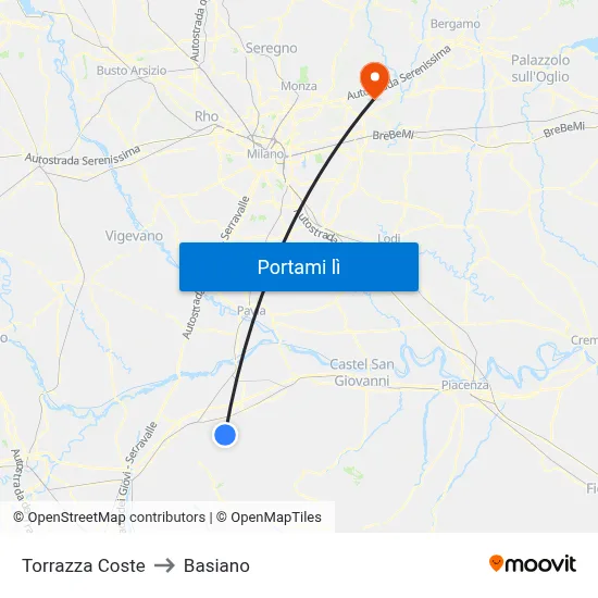 Torrazza Coste to Basiano map