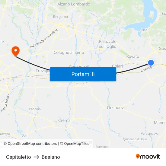 Ospitaletto to Basiano map