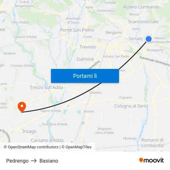 Pedrengo to Basiano map