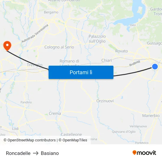 Roncadelle to Basiano map