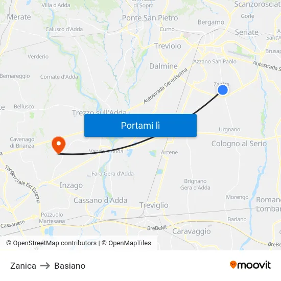 Zanica to Basiano map