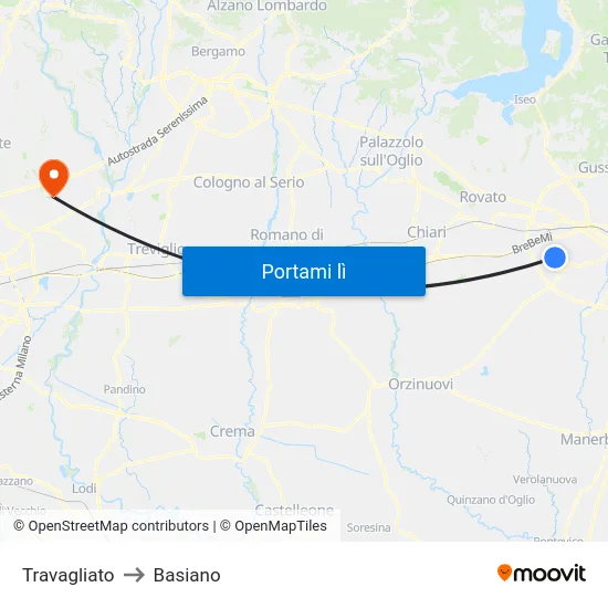 Travagliato to Basiano map