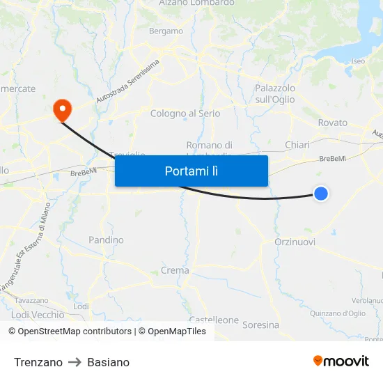 Trenzano to Basiano map