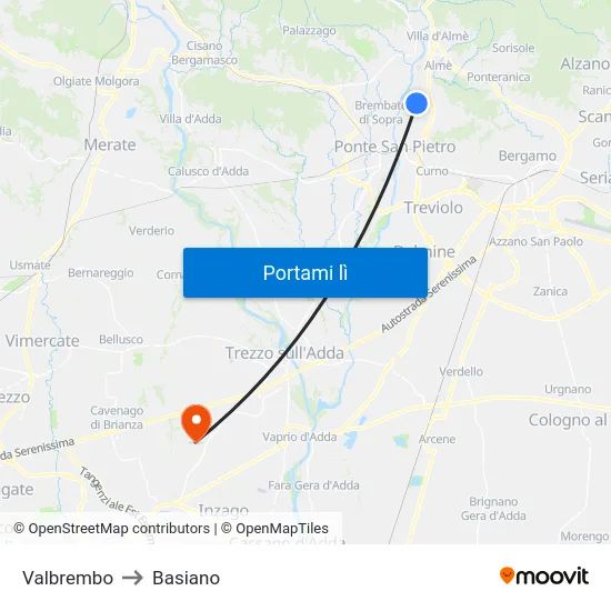 Valbrembo to Basiano map