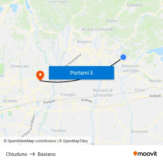 Chiuduno to Basiano map